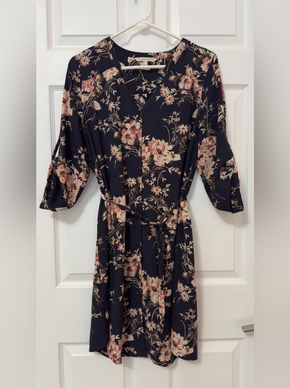 41 Hawthorn Navy Floral Midi Dress with Pink Blossoms